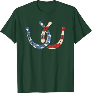 Horseshoe Flag July 4th Horseback Riding Horse Equestrian T-Shirt - T-Shirt | Forest