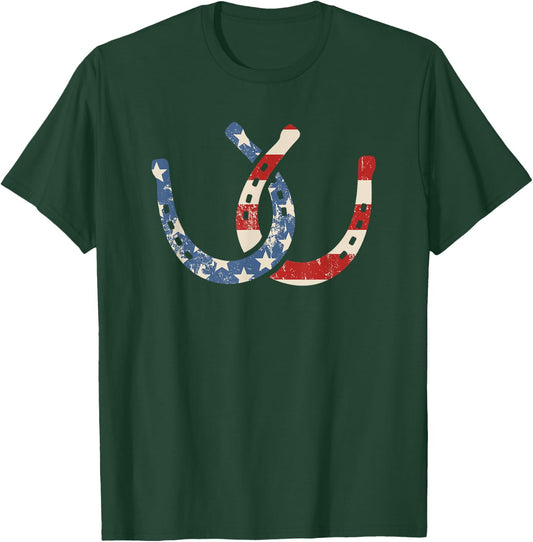 Horseshoe Flag July 4th Horseback Riding Horse Equestrian T-Shirt - T-Shirt | Forest