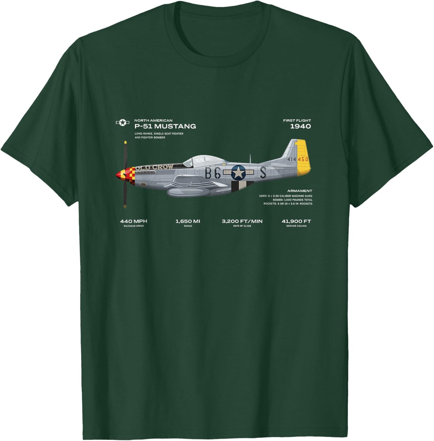 P-51 Mustang WWII Aeroplane Historical Warbird Fighter T-Shirt - T-Shirt | Forest