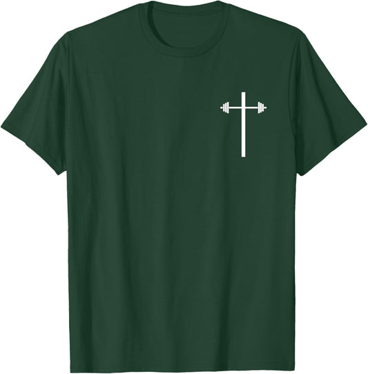 Dumbbell Barbell Cross Christian Gym Workout in Pocket T-Shirt - T-Shirt | Forest