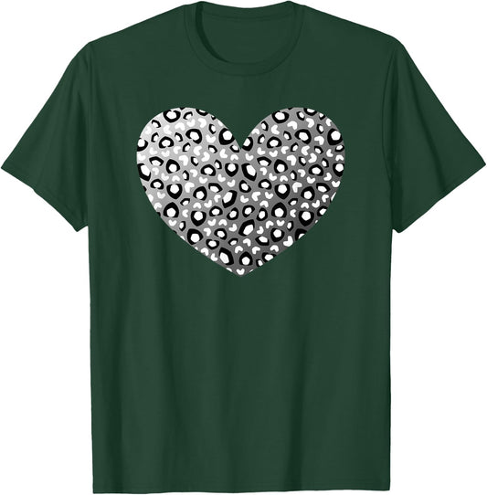 Black Leopard Heart Pattern Cheetah Print White Gray T-Shirt - T-Shirt | Forest