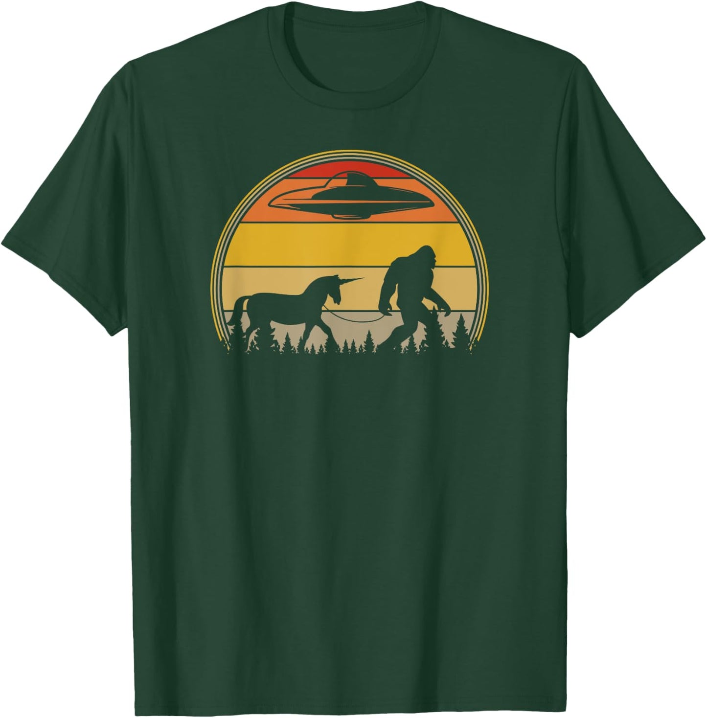 Retro Sunset Unicorns, Aliens, UFOs, Bigfoot T-Shirt - T-Shirt | Forest