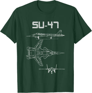 Su-47 Fighter Plane Warbird Blueprint Schematics Diagram T-Shirt - T-Shirt | Forest
