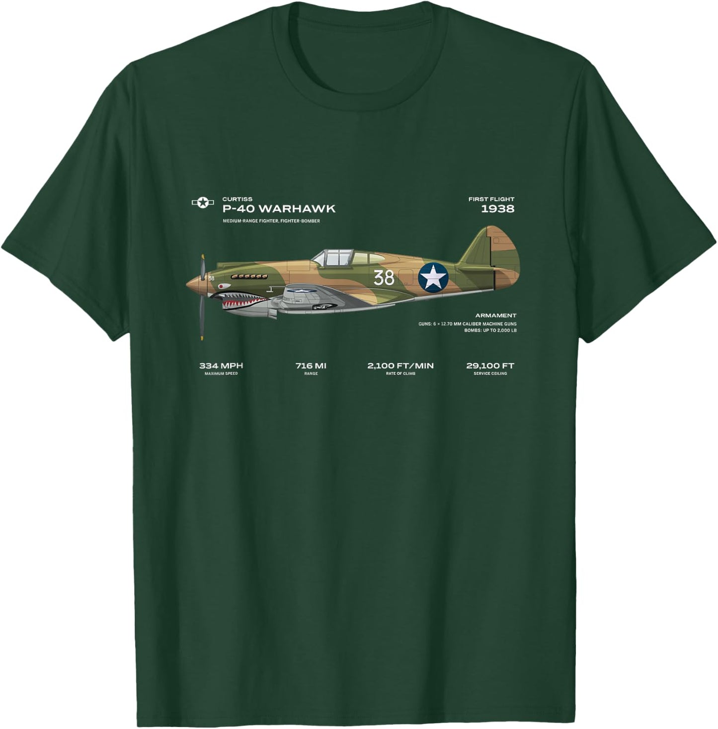 P-40 Warhawk US WWII Airplane Historic War Bird Fighter bomb T-Shirt - T-Shirt | Forest
