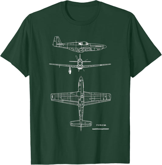 North American P-51 Mustang WW2 Fighter Blueprint T-Shirt - T-Shirt | Forest
