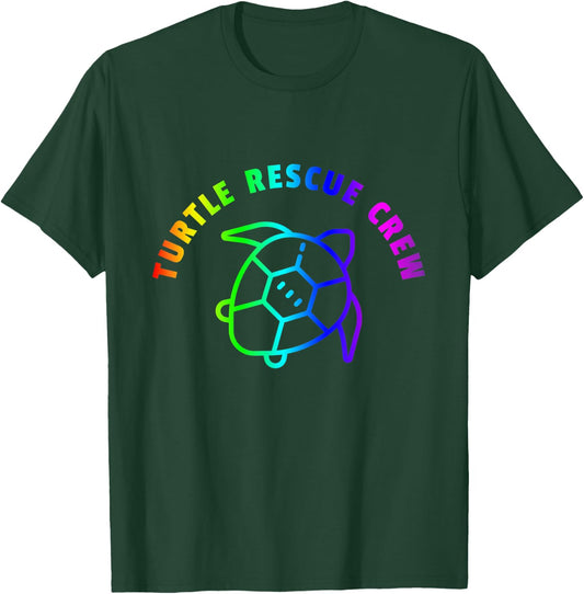 Turtle Rescue Crew Quote - Rainbow Sea Turtle Graphic T-Shirt - T-Shirt | Forest