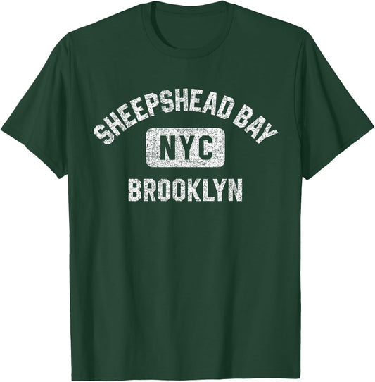 Sheepshead Bay Brooklyn NYC Gym Style Distressed White Print T-Shirt - T-Shirt | Forest