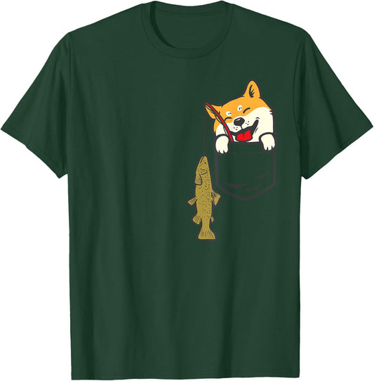 Pocket Shiba Inu Dog Fishing Cute Japanese Fisherman Gift T-Shirt - T-Shirt | Forest