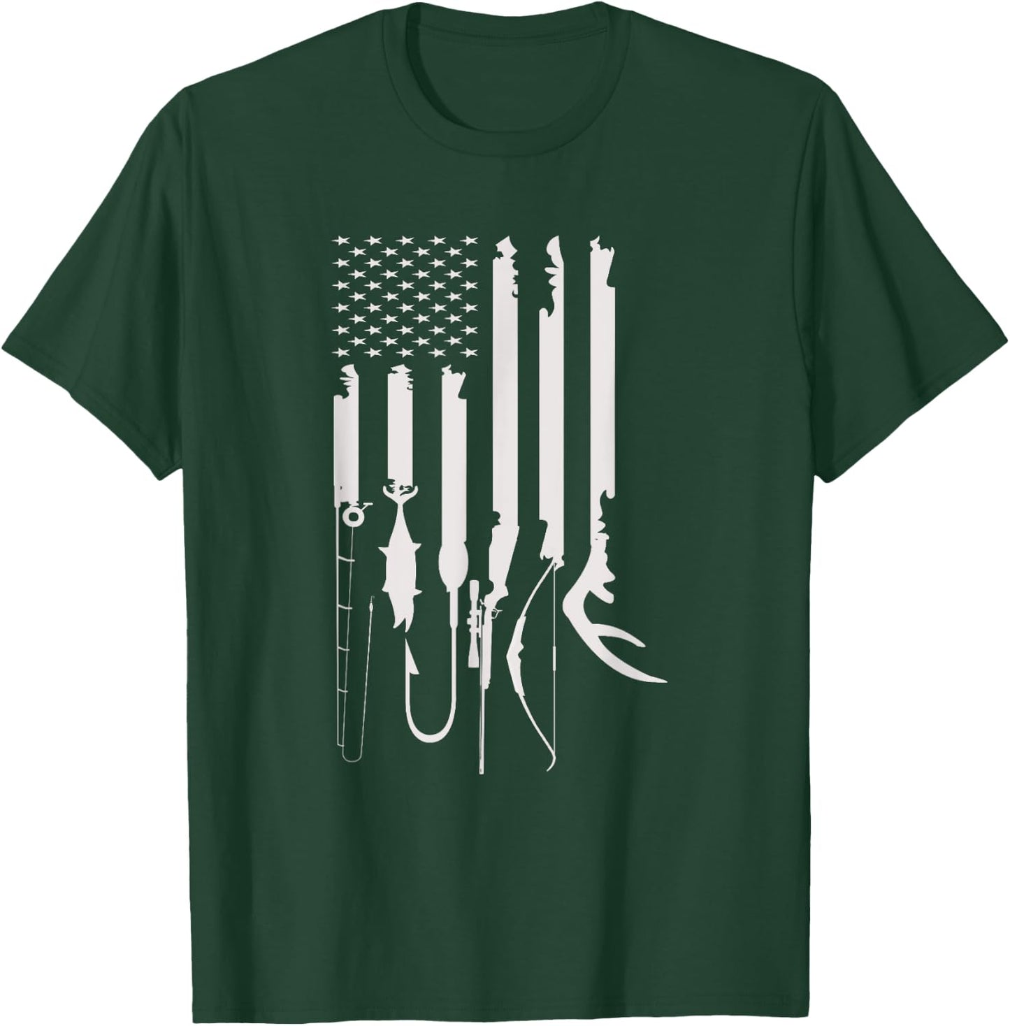 Hunting Fishing USA Flag American Themed Decor T-Shirt - T-Shirt | Forest