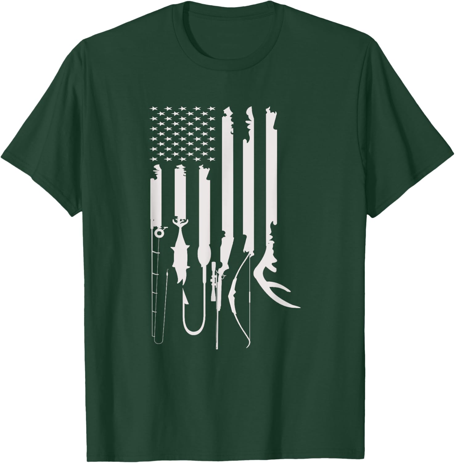 Hunting Fishing USA Flag American Themed Decor T-Shirt - T-Shirt | Forest