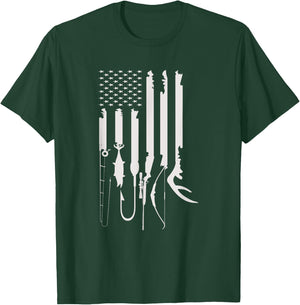 Hunting Fishing USA Flag American Themed Decor T-Shirt - T-Shirt | Forest