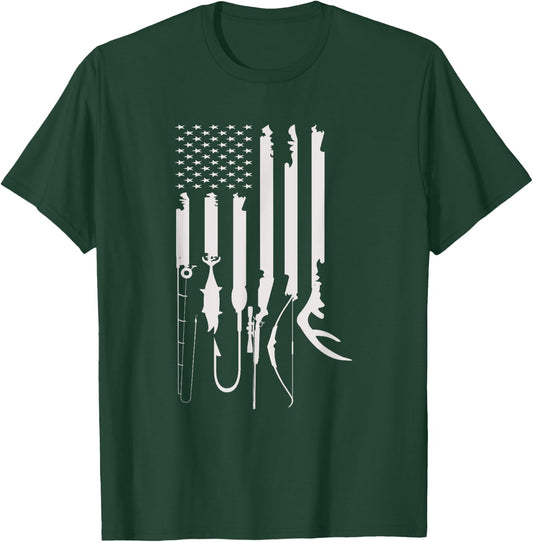 Hunting Fishing USA Flag American Themed Decor T-Shirt - T-Shirt | Forest