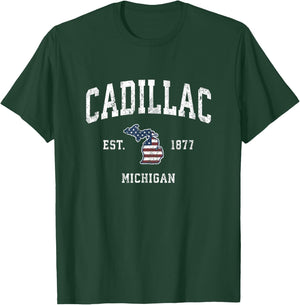 Cadillac Michigan MI Vintage American Flag Sports Design T-Shirt - T-Shirt | Forest