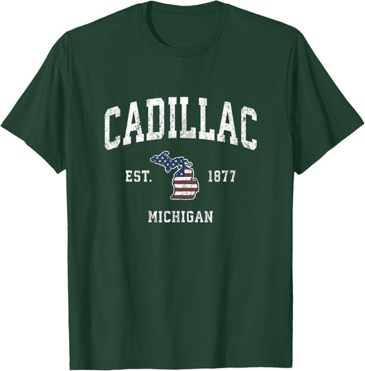 Cadillac Michigan MI Vintage American Flag Sports Design T-Shirt - T-Shirt | Forest