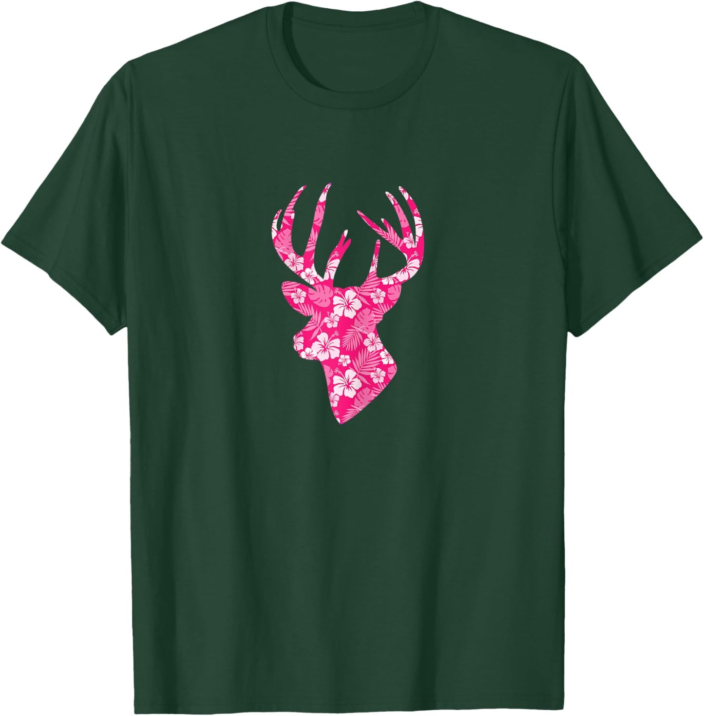 Deer Head Pink Hibiscus Flower Floral Hunting Hunter T-Shirt - T-Shirt | Forest