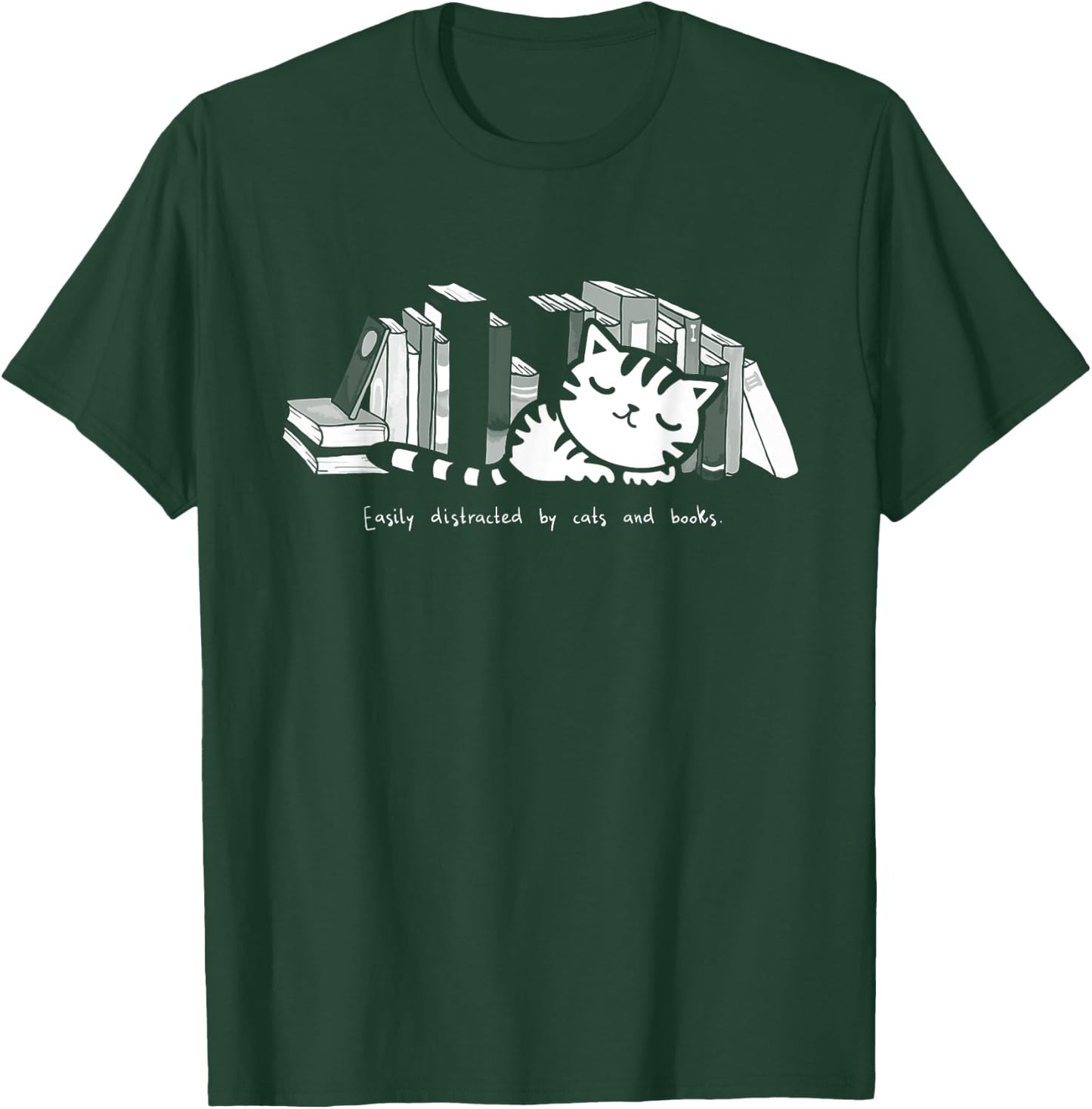 Easily Distracted by Cats And Books Cat Book Lover Women Girls Kids T-Shirt - T-Shirt | Forest