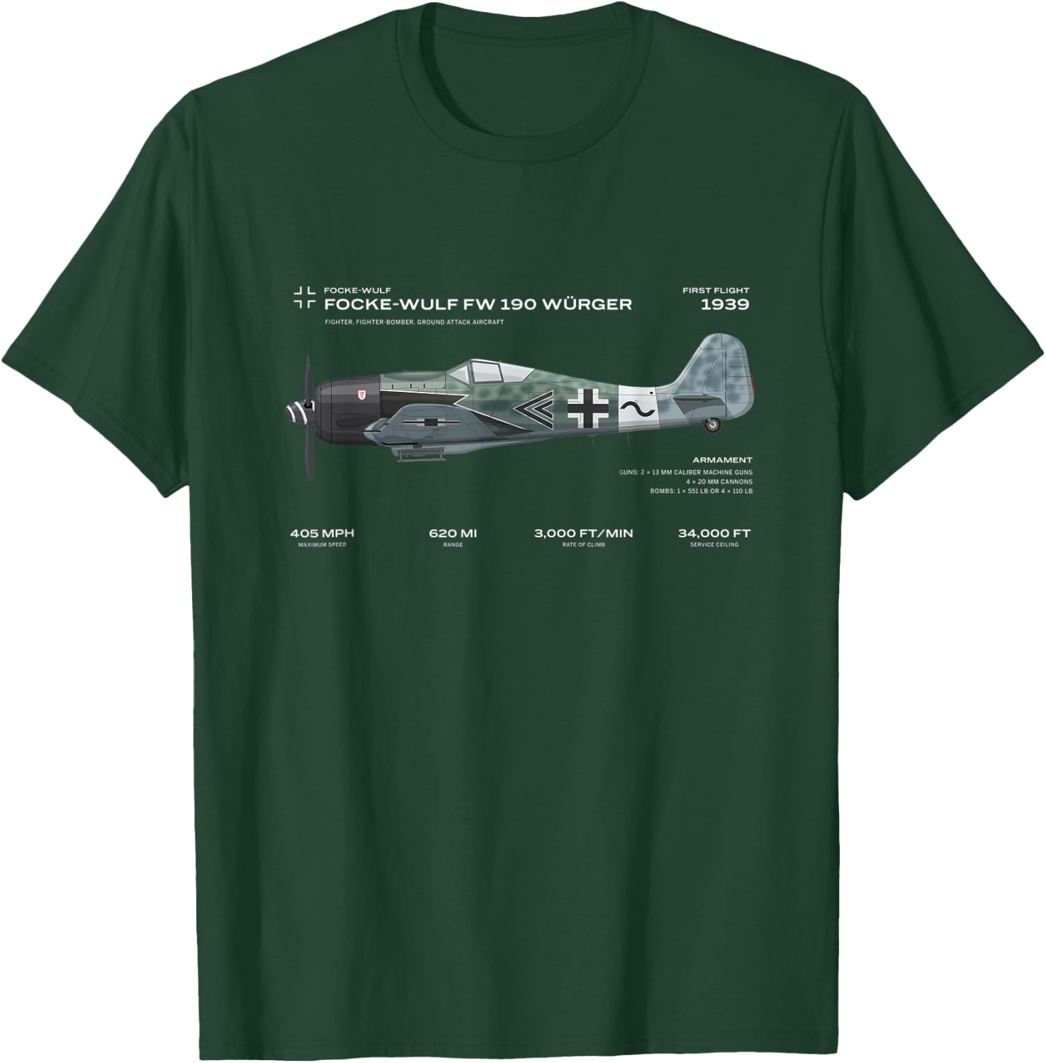 Focke Wulf Fw 190 WWII Airplane Historic War Bird Fighter T-Shirt - T-Shirt | Forest