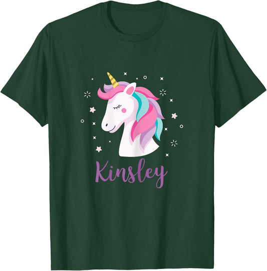 Cute Kinsley Unicorn Personalized Name Girls Gifts T-Shirt - T-Shirt | Forest