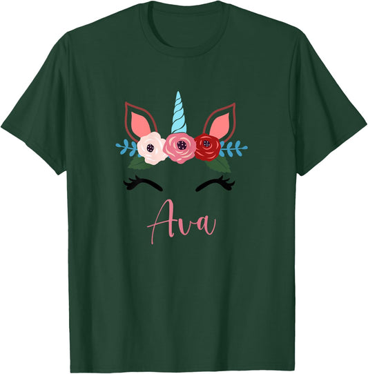Cute Ava Magical Floral Unicorn For Girls T-Shirt - T-Shirt | Forest