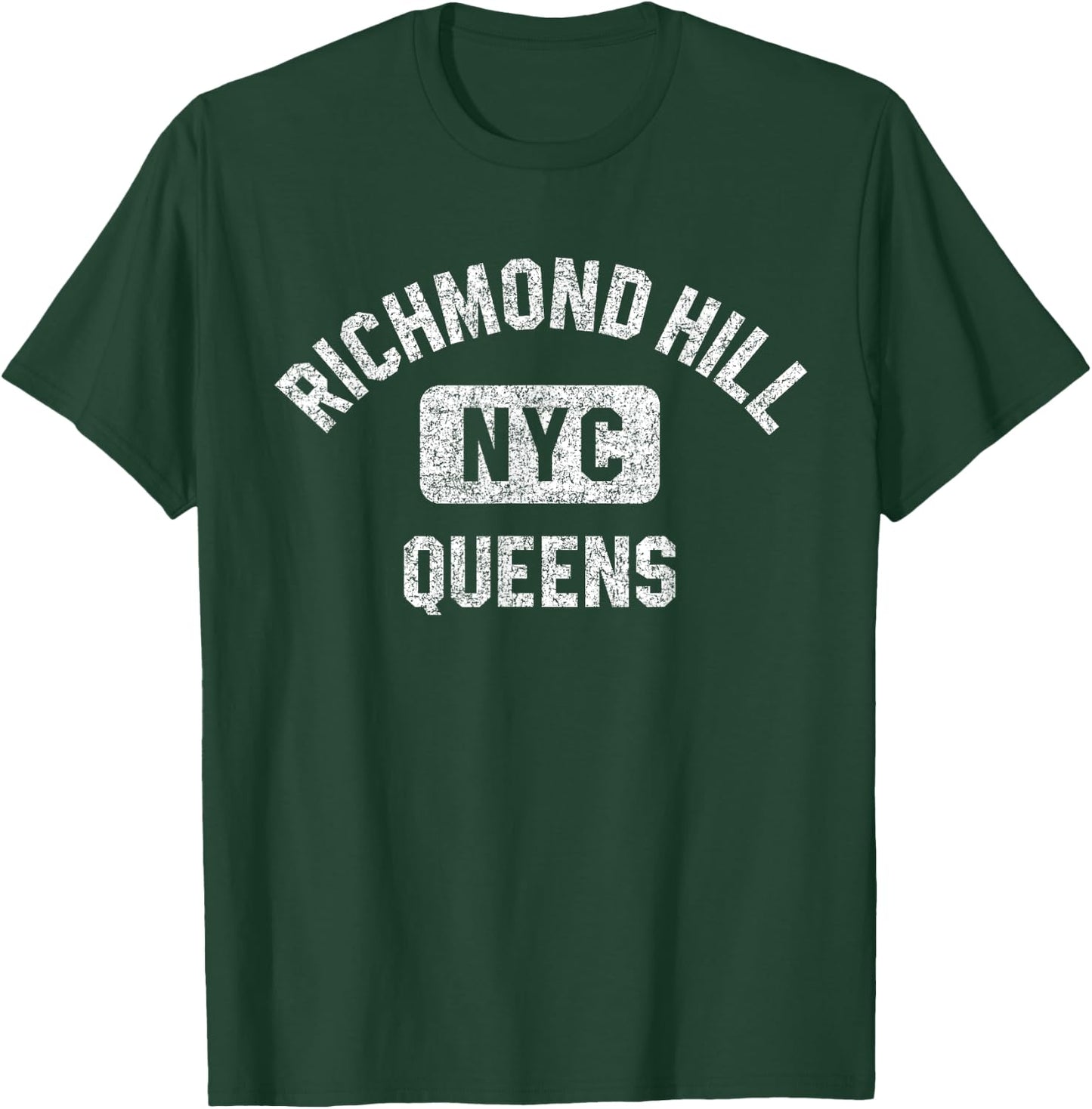Richmond Hill Queens NYC Gym Style Distressed White Print T-Shirt - T-Shirt | Forest