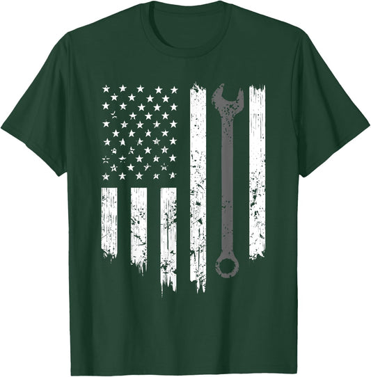 Funny Vintage Mechanic Distressed American Flag Gift T-Shirt - T-Shirt | Forest