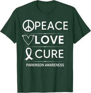 Parkinsons Disease Awareness Peace Love Cure Silver Ribbon T-Shirt - T-Shirt | Forest