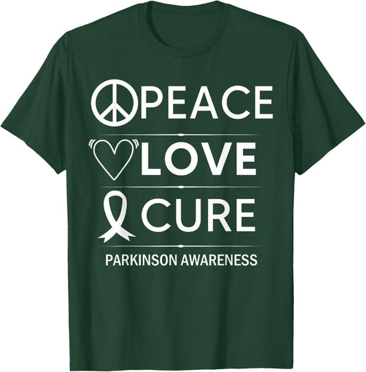 Parkinsons Disease Awareness Peace Love Cure Silver Ribbon T-Shirt - T-Shirt | Forest