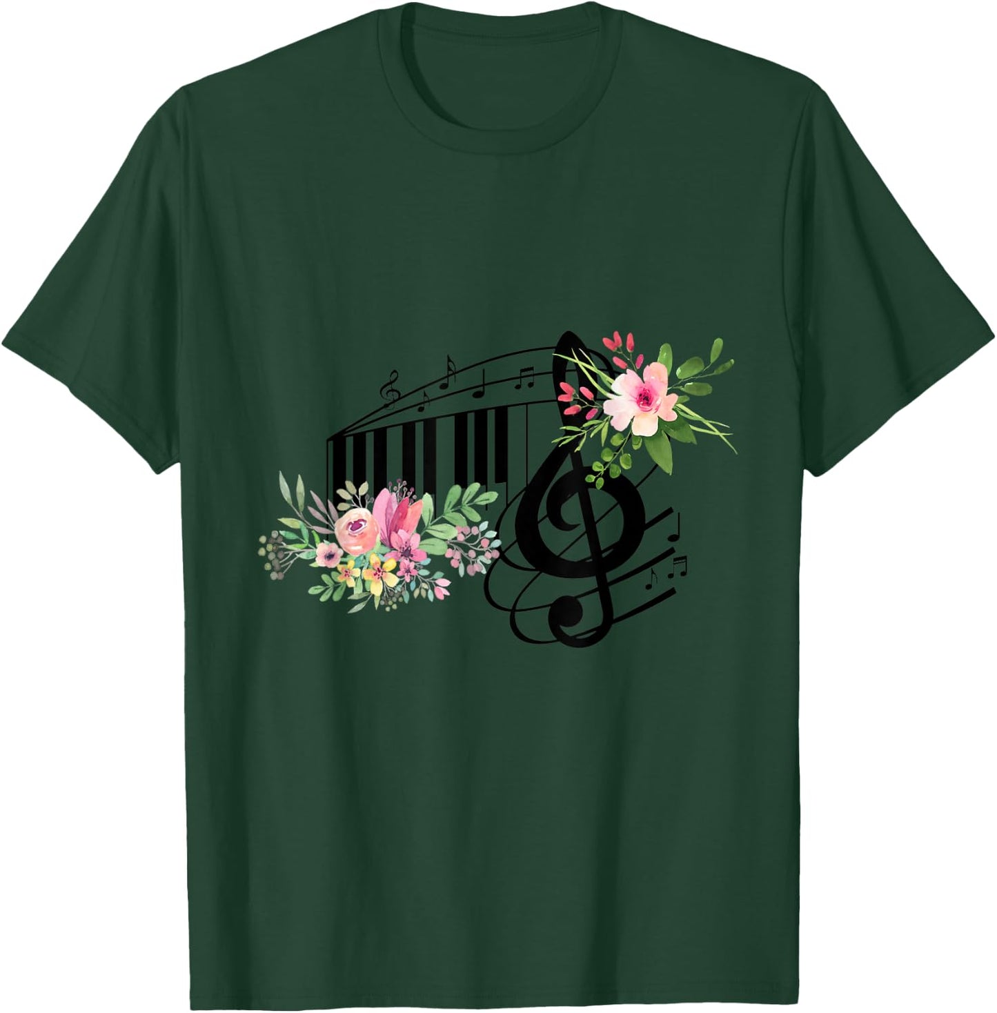 Cut Music Teacher Shirt with a Piano Keys, Notes and Flowers T-Shirt - T-Shirt | Forest
