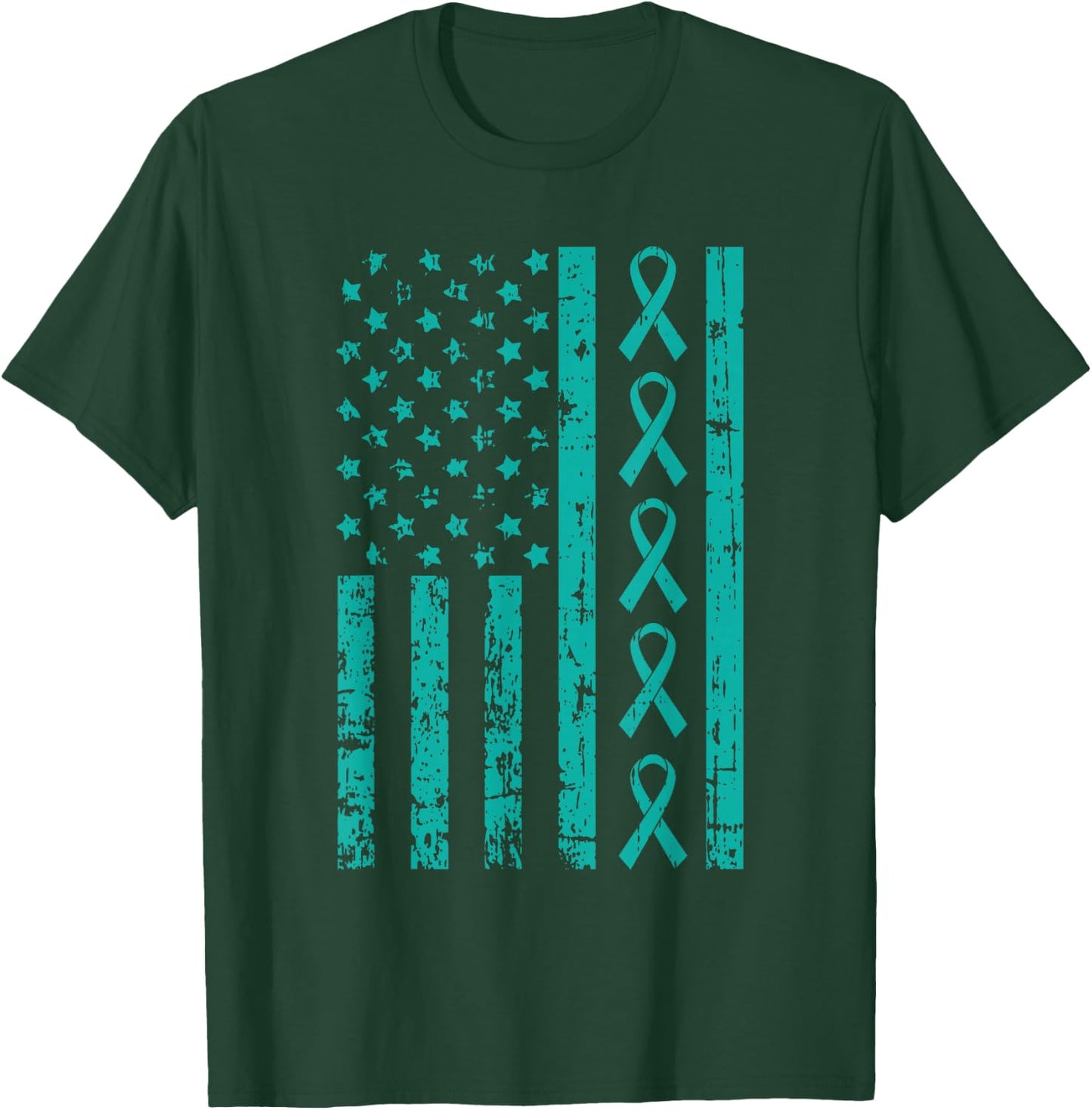 American Flag Teal Ribbon Cool Ovarian Cancer Awareness Gift T-Shirt - T-Shirt | Forest