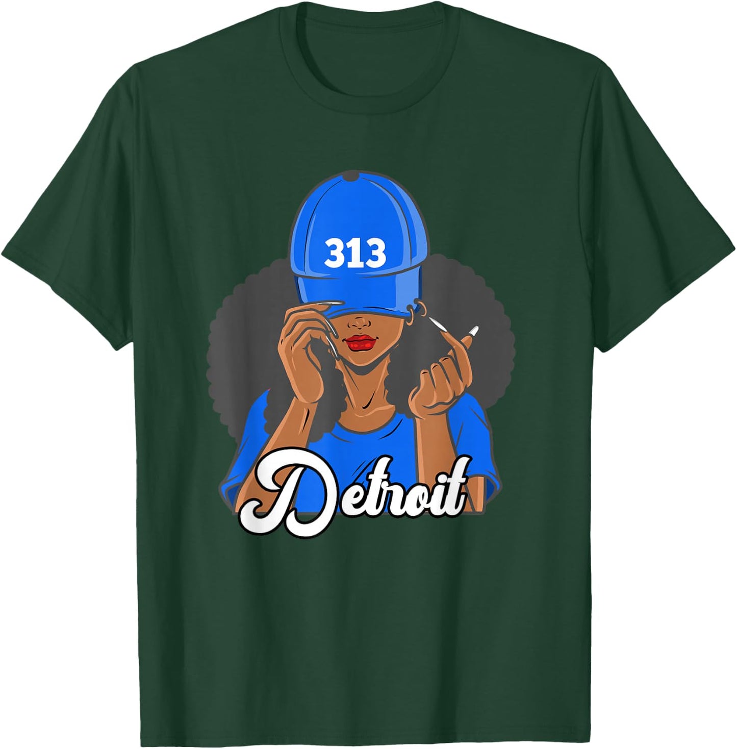 313 Detroit Michigan Black Woman Hat Afro Puffs T-Shirt - T-Shirt | Forest