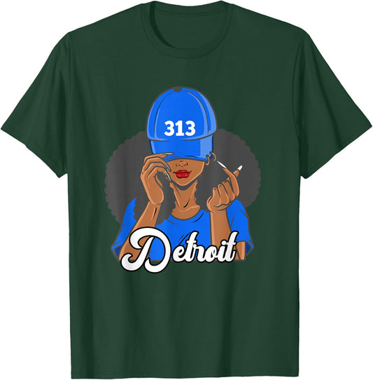 313 Detroit Michigan Black Woman Hat Afro Puffs T-Shirt - T-Shirt | Forest