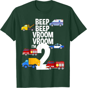 Beep Vroom I'm 2 Trucks Emergency Vehicles Theme Birthday T-Shirt - T-Shirt | Forest