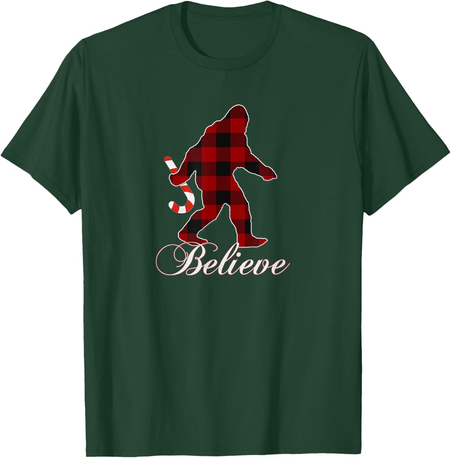 Bigfoot Buffalo Plaid Believe Candy Cane Christmas Pajamas T-Shirt - T-Shirt | Forest