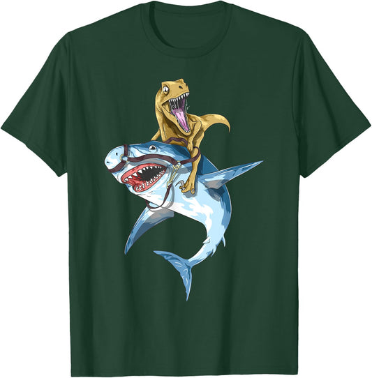 Velociraptor Riding Shark Raptor Dinosaur Jawsome Kids Boys T-Shirt - T-Shirt | Forest