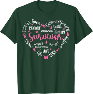 Pink Ribbon Heart Breast Cancer Awareness Survivor Warrior T-Shirt - T-Shirt | Forest