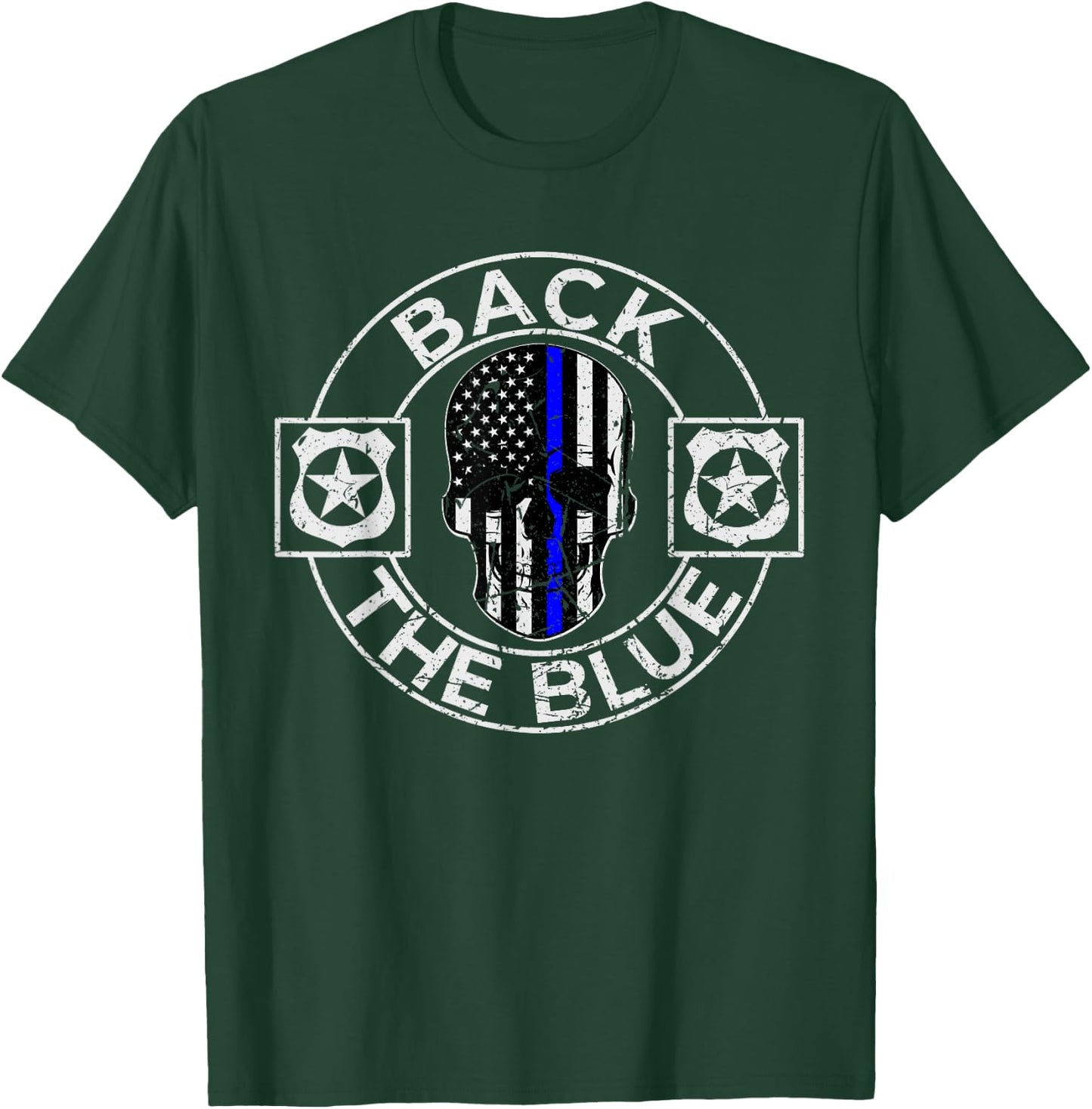 Back The Blue Thin Line Distressed American Flag Skull T-Shirt - T-Shirt | Forest