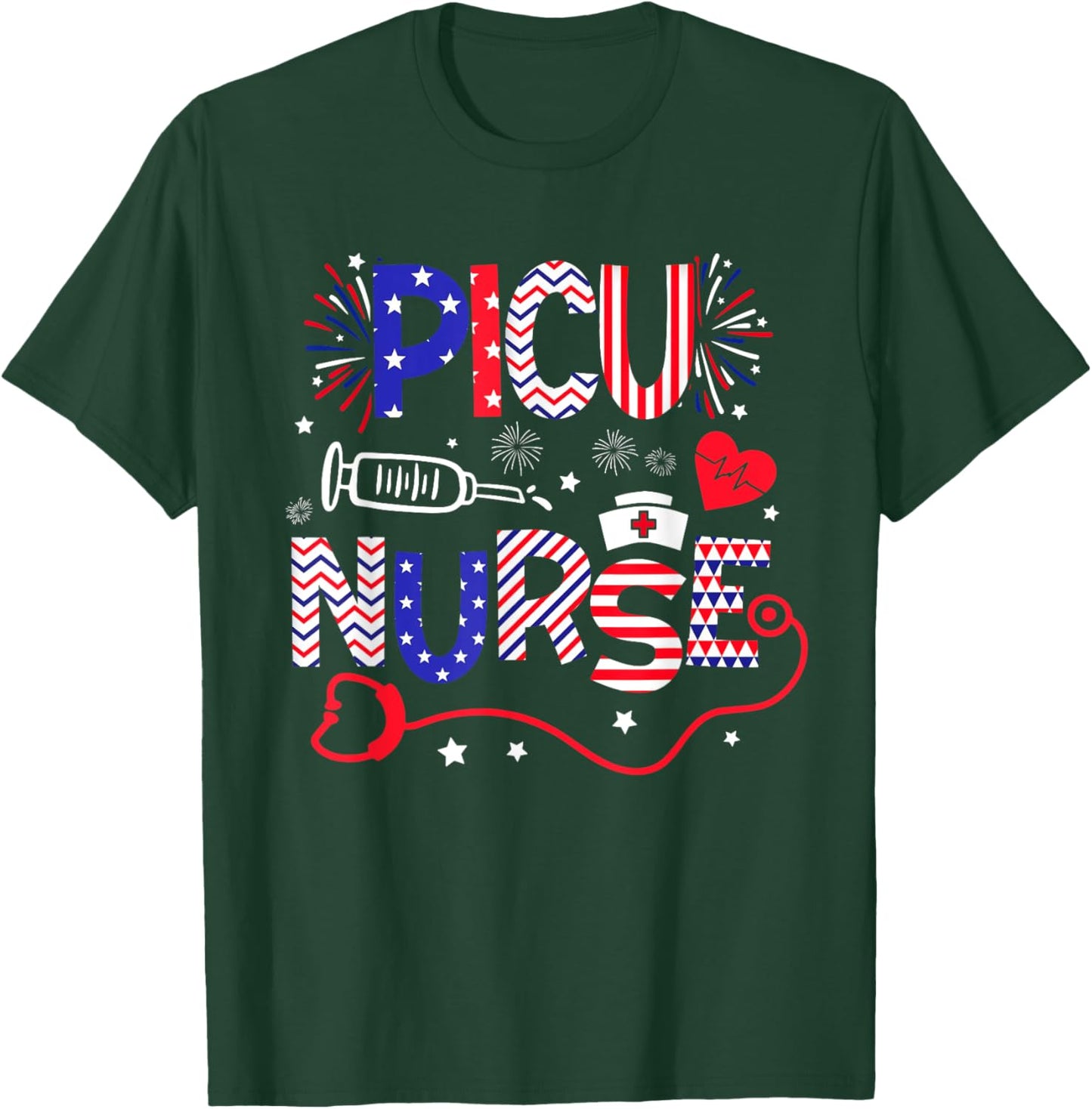 PICU Nurse 4th Of July Patriotic American Flag Stethoscope T-Shirt - T-Shirt | Forest