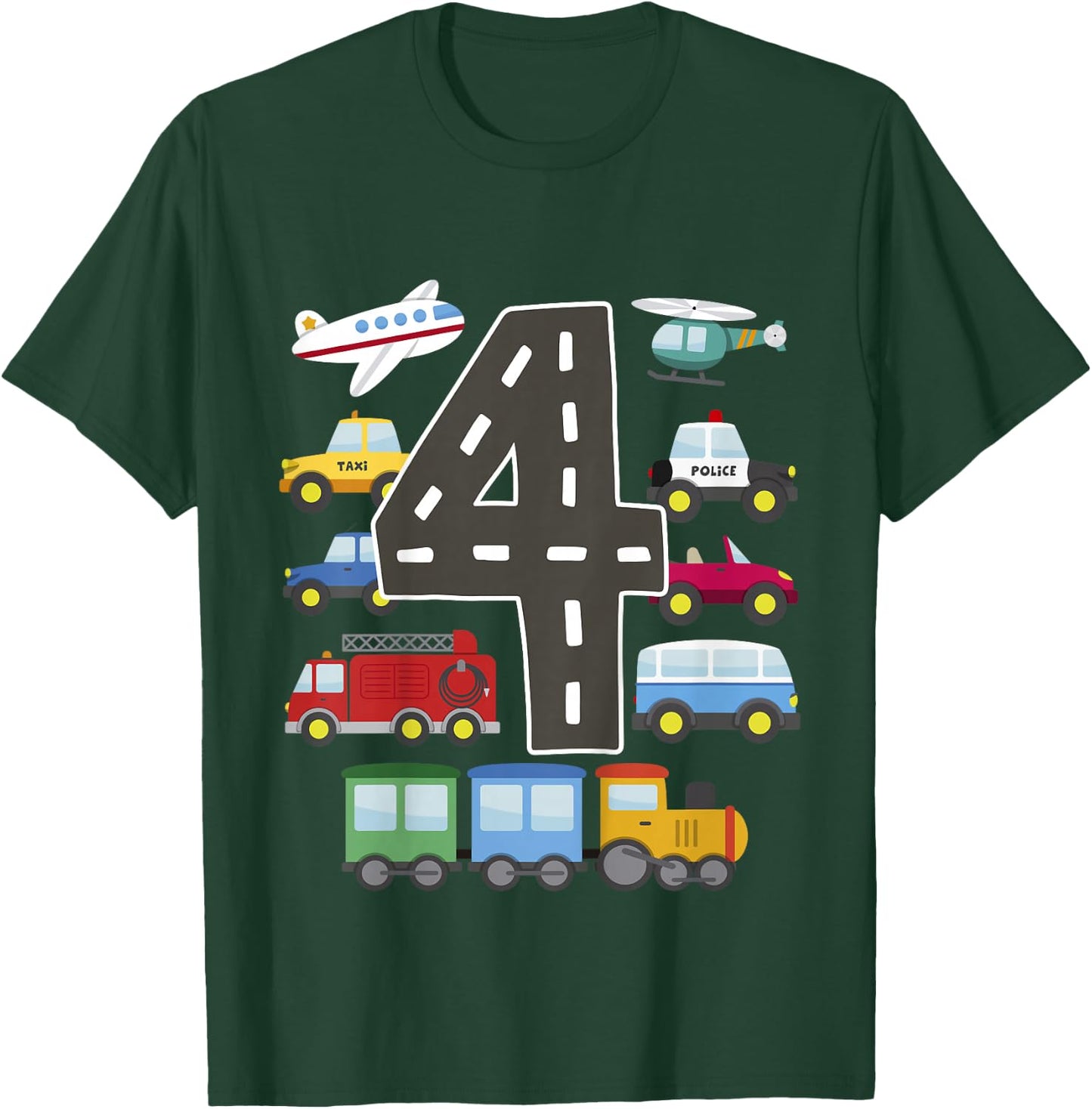 4 Year Old Transportation Birthday Car Train Plane 4th Gift T-Shirt - T-Shirt | Forest