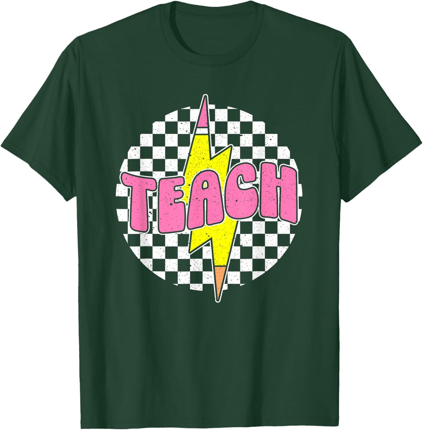 Checkered Teach Pencil Lightning Bolt Back To School T-Shirt - T-Shirt | Forest