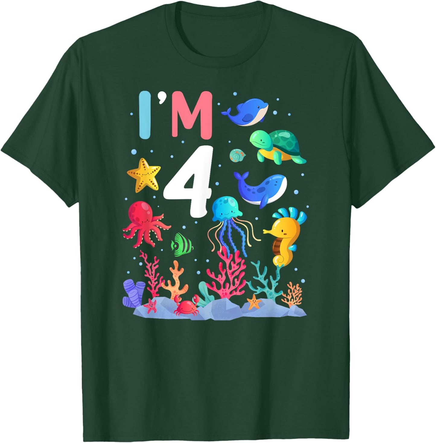 4th Birthday Party Turtle Jellyfish I'm 4 Years Old age Bday T-Shirt - T-Shirt | Forest
