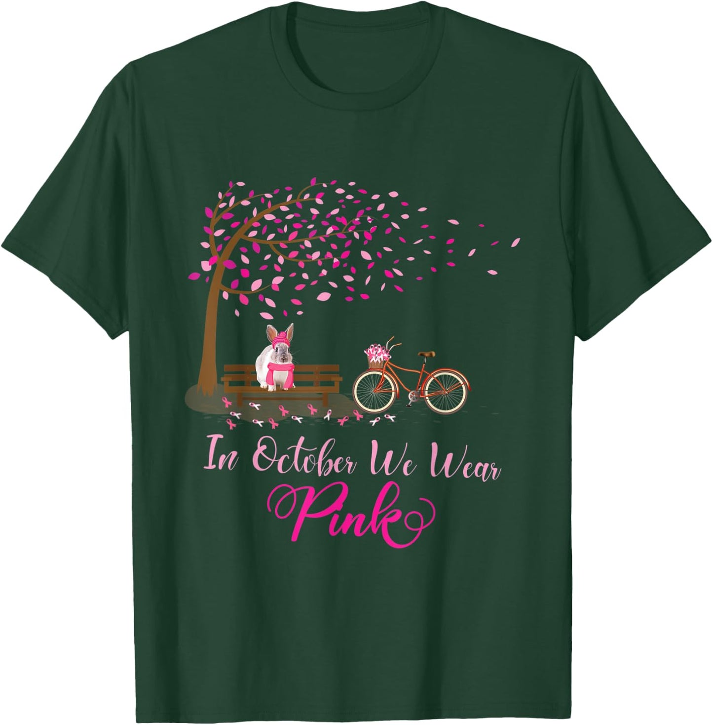 In October We Wear Pink Rabbit Fall Leaves Breast Cancer T-Shirt - T-Shirt | Forest