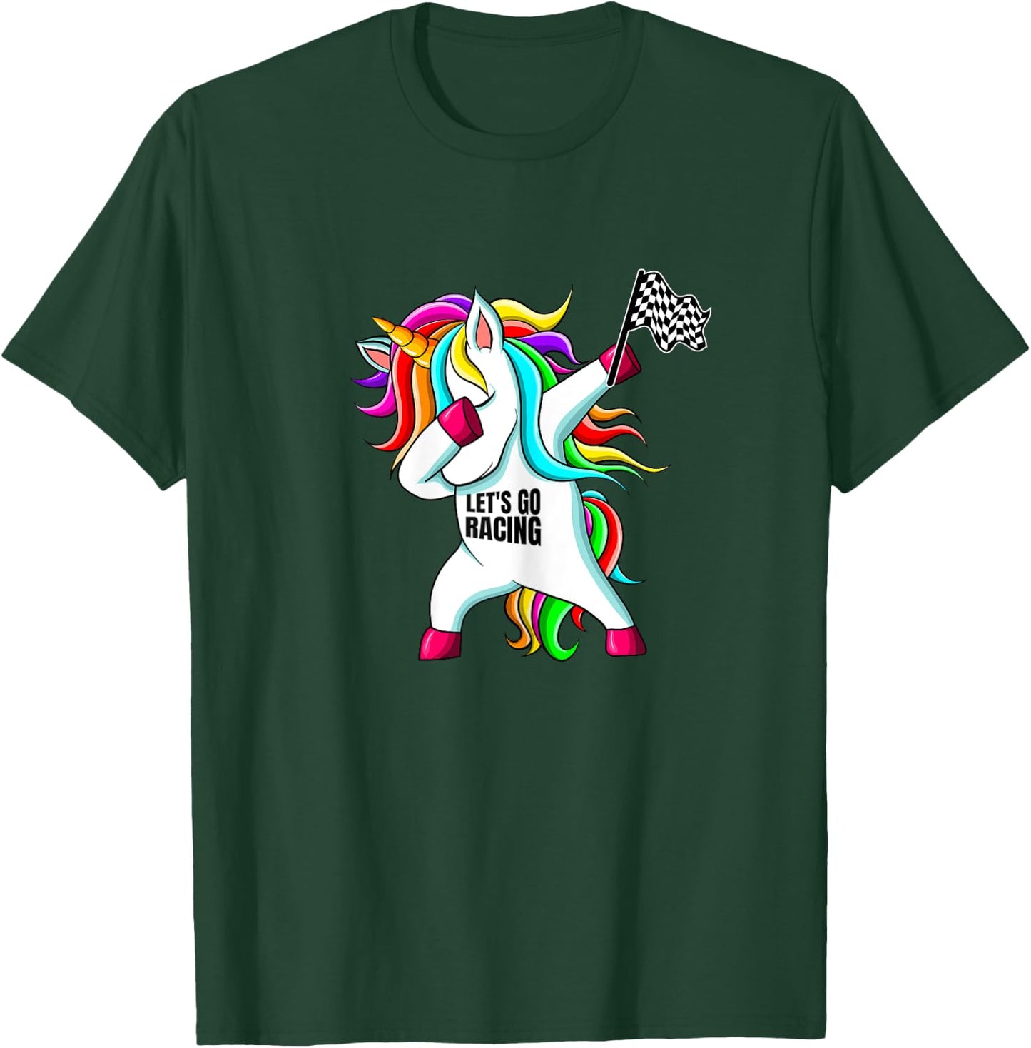 Race Car Racing Dabbing Unicorn Checkered Flag T-Shirt - T-Shirt | Forest