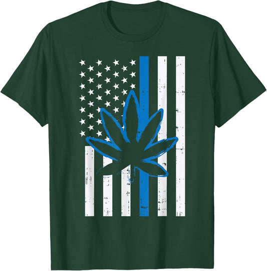 Weed Cannabis Flag Thin Blue Line Police Cop 420 Stoner Gift T-Shirt - T-Shirt | Forest