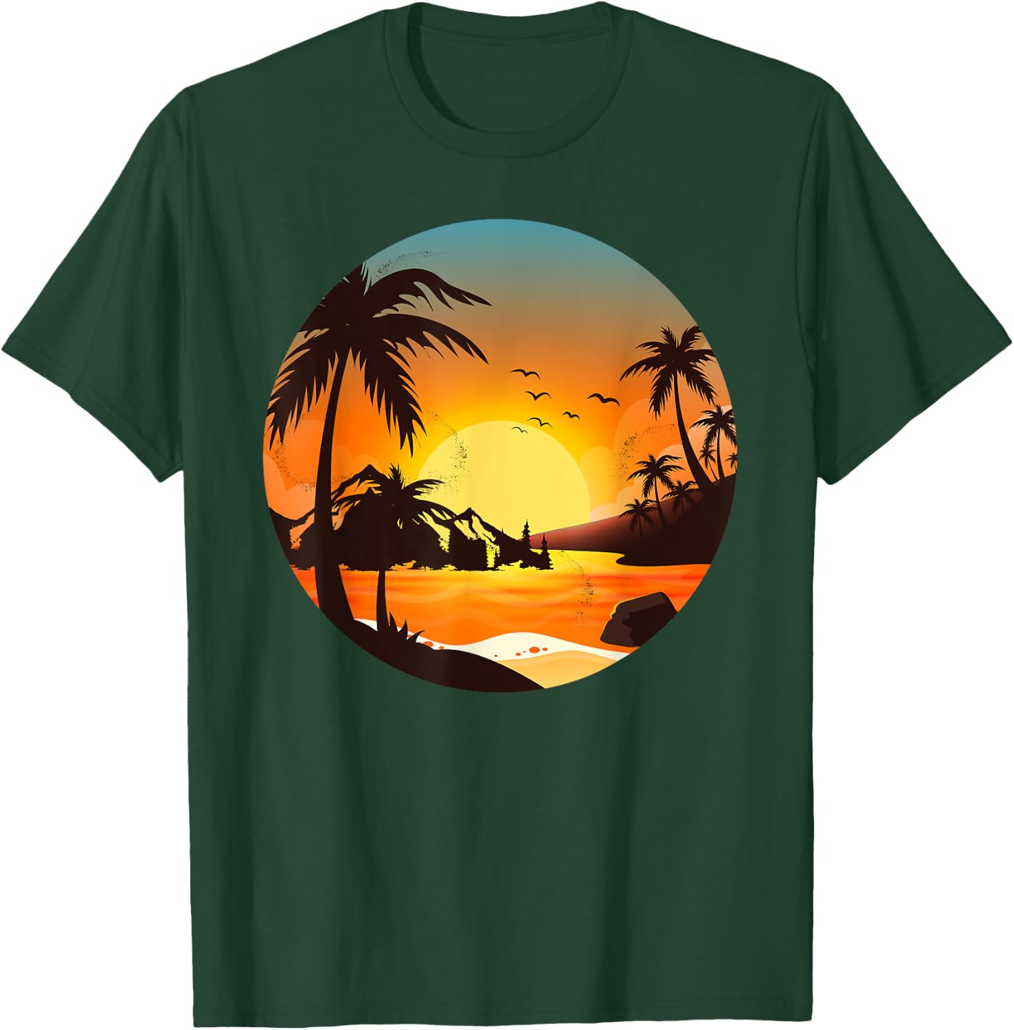 Tropical Sunset Mountains Beach Vacation Palm Trees Forest Women Girls Kids T-Shirt - T-Shirt | Forest