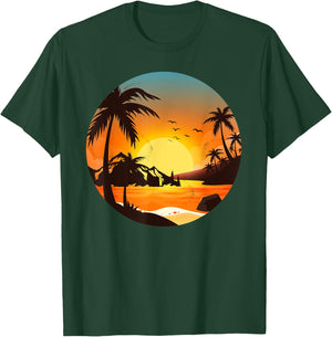 Tropical Sunset Mountains Beach Vacation Palm Trees Forest Women Girls Kids T-Shirt - T-Shirt | Forest
