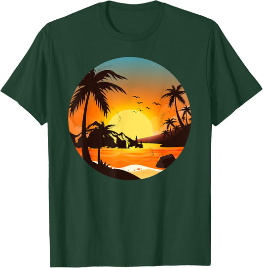 Tropical Sunset Mountains Beach Vacation Palm Trees Forest Women Girls Kids T-Shirt - T-Shirt | Forest