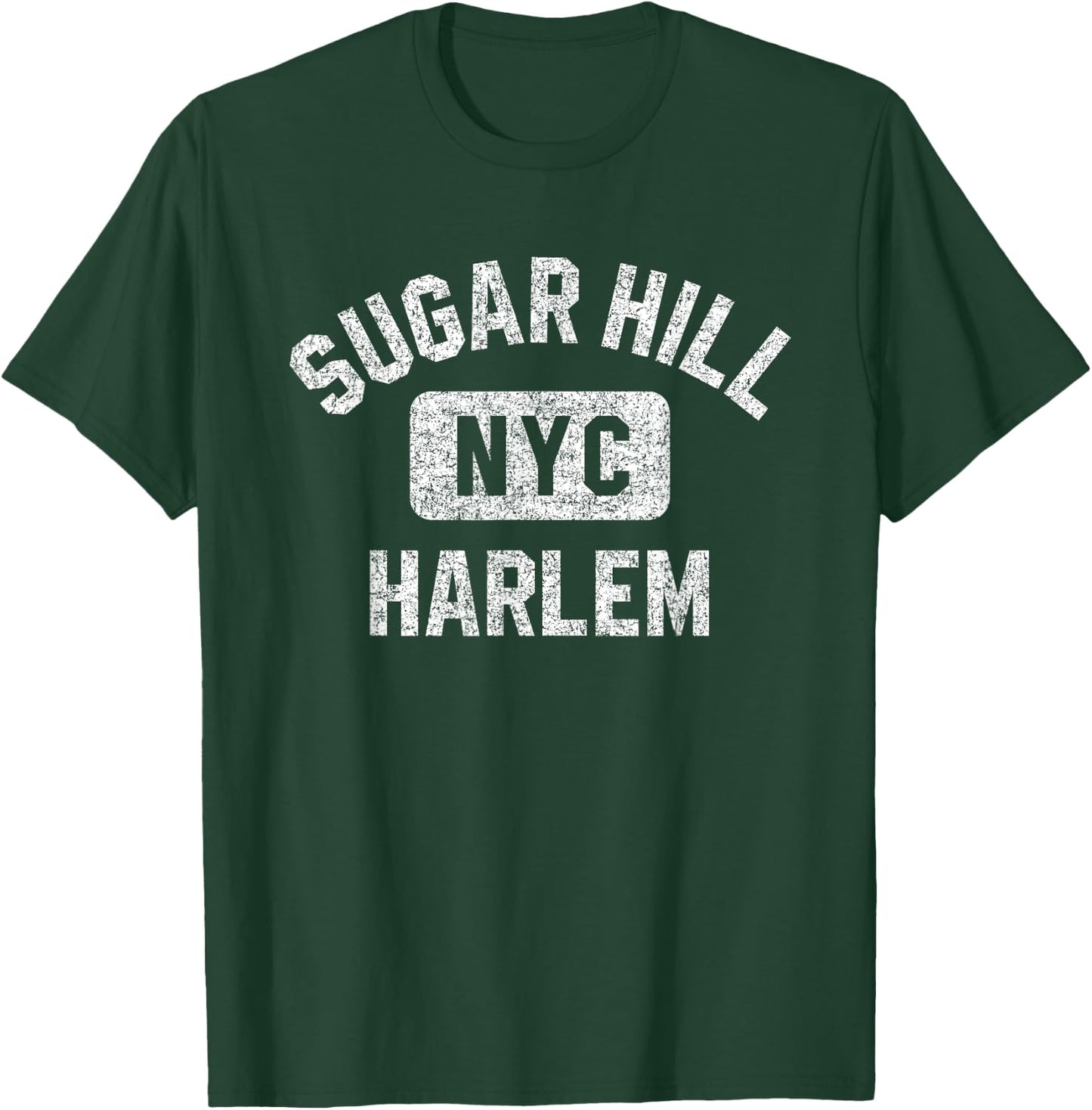 Sugar Hill Harlem NYC Gym Style Distressed White Print T-Shirt - T-Shirt | Forest