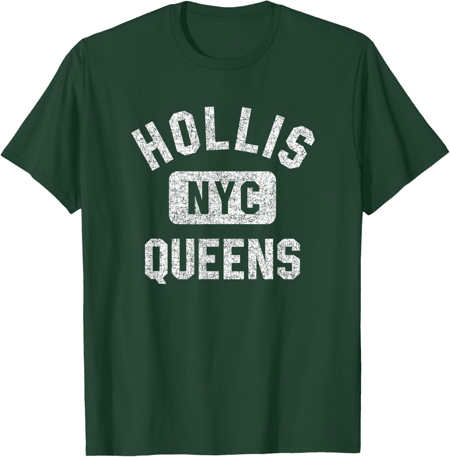 Hollis Queens NYC Gym Style Distressed White Print T-Shirt - T-Shirt | Forest