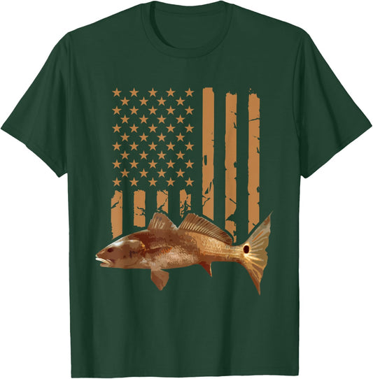 Redfish Fishing Red Drum Tailing USA American Flag Fisherman T-Shirt - T-Shirt | Forest