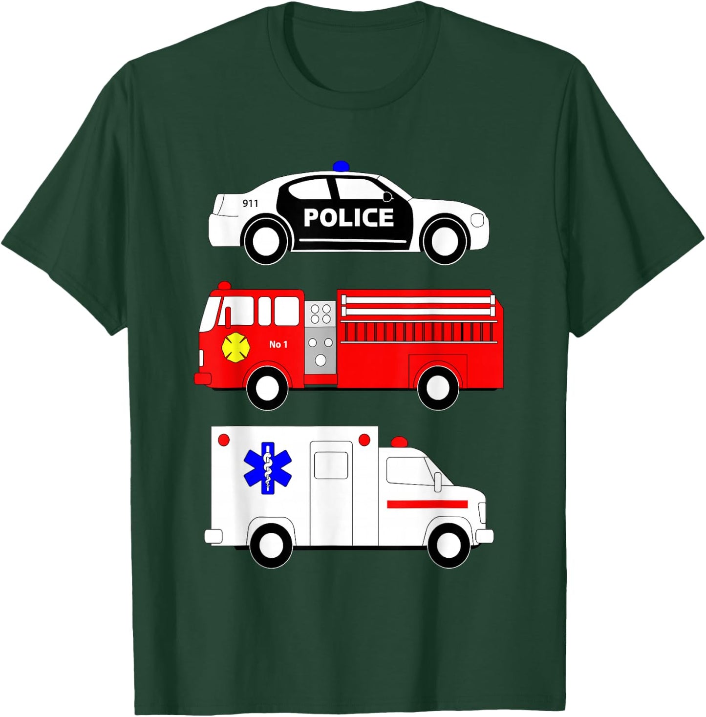 Police Car Fire Truck Ambulance First Responders Design T-Shirt - T-Shirt | Forest